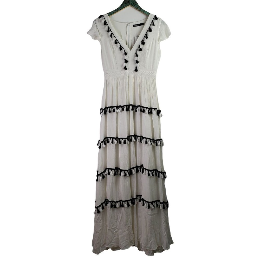 INA [i:na] Black and White Spanish Tassel Maxi Dress w/ Butterfly Cap Sleeve, S